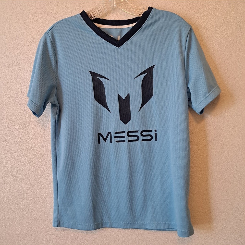 Messi Collection Boys Light Blue Soccer Jersey Shirt Large 14/16 Navy Logo Top